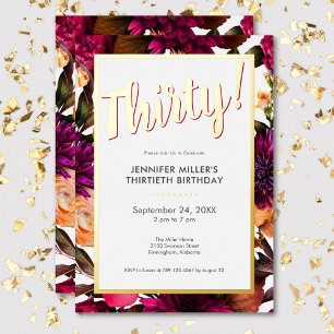 Invitation En Aluminium Fleurs de feuille d'or rose moderne pour 30e anniv