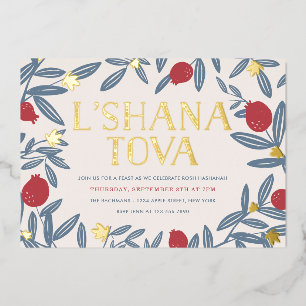 Invitation En Aluminium Fleurs de grenade Rosh Hashanah Gold