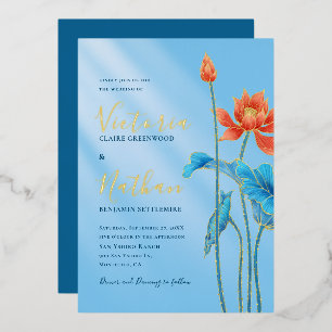 Invitation En Aluminium Fleurs de lotus orange élégantes Mariage bleu