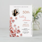 Invitation En Aluminium Fleurs de Parties scintillant rose Floral 50e anni (Debout devant)