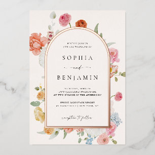 Invitation En Aluminium Fleurs de printemps colorées Arche Rose Mariage or