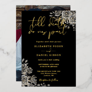 Invitation En Aluminium Fleurs de roses gothiques Photo de mariage noir et