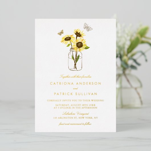 Invitation En Aluminium Fleurs de soleil à Mason Jar Pays Mariage rustique (Debout devant)