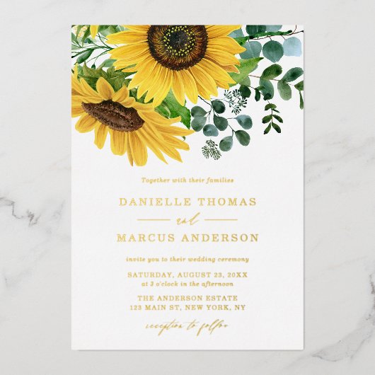 Invitation En Aluminium Fleurs de soleil d'aquarelle et Mariage d'eucalypt (Recto)