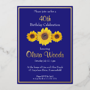 Invitation En Aluminium Fleurs de soleil en bleu - 40e anniversaire 