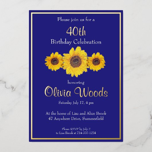 Invitation En Aluminium Fleurs de soleil en bleu - 40e anniversaire (Recto)