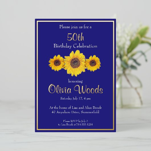 Invitation En Aluminium Fleurs de soleil en bleu - 50e anniversaire (Debout devant)