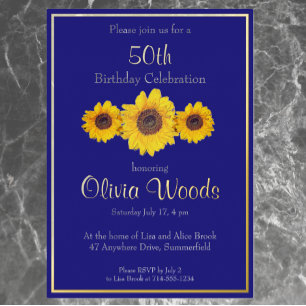 Invitation En Aluminium Fleurs de soleil en bleu - 50e anniversaire