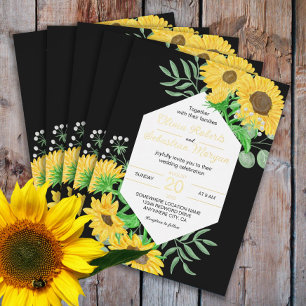 Invitation En Aluminium Fleurs de soleil jaune aquarelle sur or mariage no