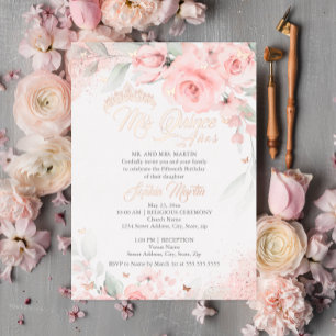 Invitation En Aluminium Fleurs de teint rose or rose Quince Quinceanera