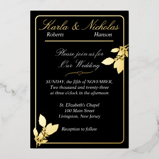 Invitation En Aluminium Fleurs de Tulipe, Mariage Élégant Noir (Recto)