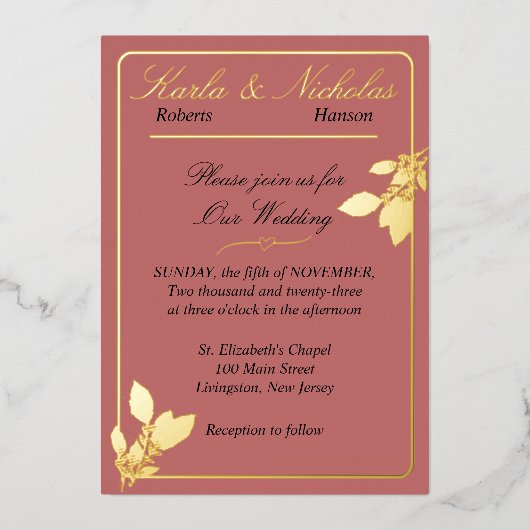 Invitation En Aluminium Fleurs de tulipe, Mariage Rose de cannelle, Or (Recto)