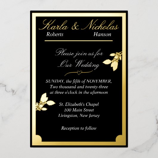 Invitation En Aluminium Fleurs de tulipes, Mariage noir élégant, Bordure o (Recto)