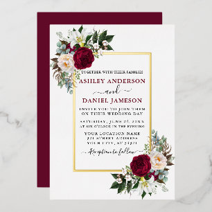 Invitation En Aluminium Fleurs de verdure aquarelle mariage bordeaux or