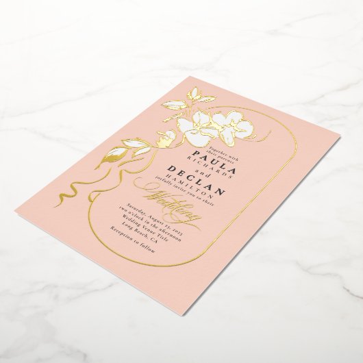 Invitation En Aluminium Fleurs dessinées à la main Élégant Mariage de pêch (Rotation)