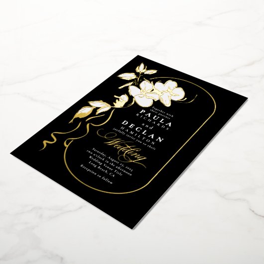 Invitation En Aluminium Fleurs dessinées à la main Élégant Mariage noir (Rotation)