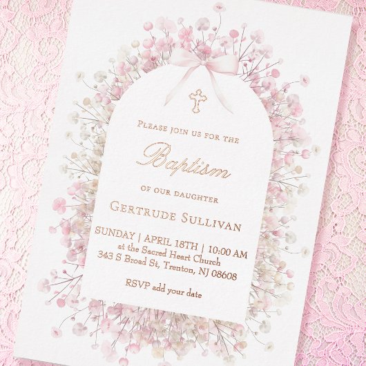 Invitation En Aluminium fleurs d'haleine rose blanche pour bébé Baptême