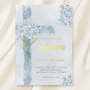 Invitation En Aluminium fleurs d'hydrangea bleu aquarelle croix Baptême
