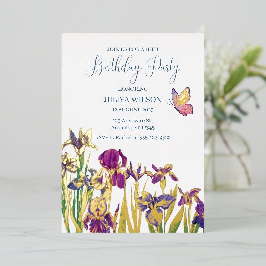 Invitation En Aluminium Fleurs d'Iris 16e fête d'anniversaire (Debout devant)