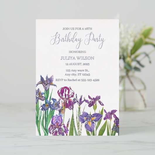 Invitation En Aluminium Fleurs d'Iris fête d'anniversaire (Debout devant)