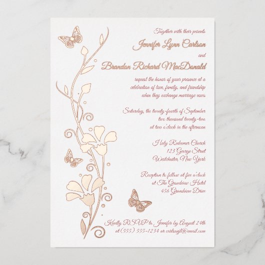 Invitation En Aluminium Fleurs d'or rose, Mariage de papillons (Recto)