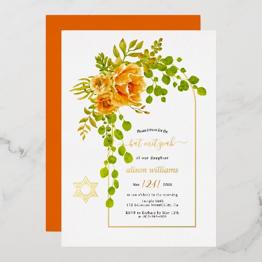 Invitation En Aluminium Fleurs d'orange et feuille d'or Bat mitzvah d'arc (Recto/Verso)