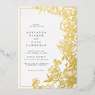 Invitation En Aluminium Fleurs dorées Élégant mariage de jardin