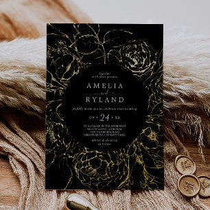 Invitation En Aluminium Fleurs Dorées Mariage Casual Noir Feuille d'Or