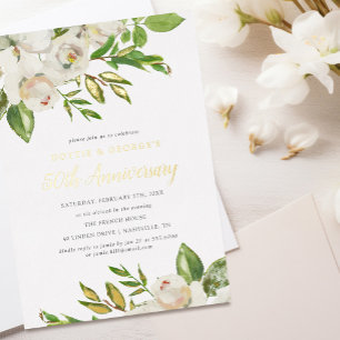 Invitation En Aluminium Fleurs dorées Parti du 50e anniversaire