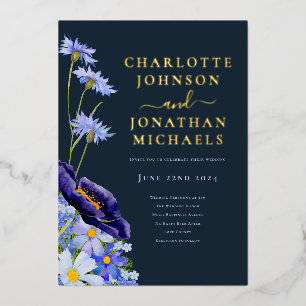 Invitation En Aluminium Fleurs Élégantes Bleu Marine et Or