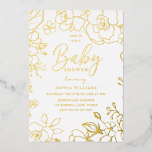 Invitation En Aluminium Fleurs Élégantes Dorées pour Baby Shower en Or Rée