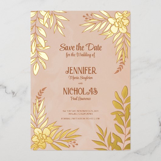 Invitation En Aluminium Fleurs élégantes et ornements Feuille pour Mariage (Recto)