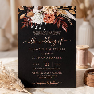 Invitation En Aluminium Fleurs en terre cuite tombent noir rose or mariage