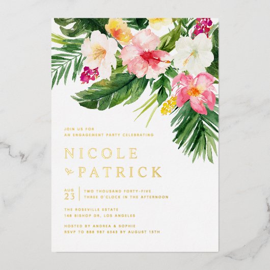 Invitation En Aluminium Fleurs et verdure Partie d'engagement tropical (Recto)