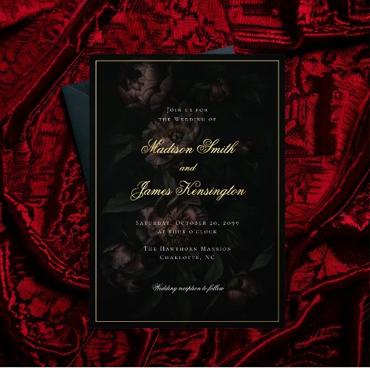 Invitation En Aluminium Fleurs gothiques romantiques Moody Mariage or
