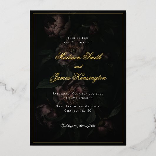Invitation En Aluminium Fleurs gothiques romantiques Moody Mariage or (Recto)