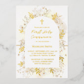 Invitation En Aluminium fleurs jaunes blanches Première communion sainte (Recto)