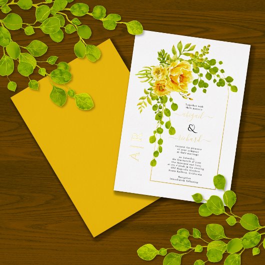 Invitation En Aluminium Fleurs jaunes et arche mariage or réel
