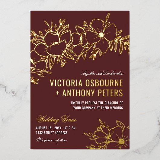 Invitation En Aluminium Fleurs Maroon & Or Mariage Floral (Recto)