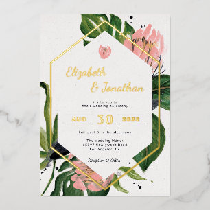 Invitation En Aluminium Fleurs modernes de jungle tropicale rose & feuille