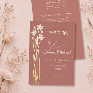 Invitation En Aluminium Fleurs modernes de pêche et d'ivoire Mariage et Or