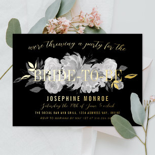 Invitation En Aluminium Fleurs noires et blanches vintage en or