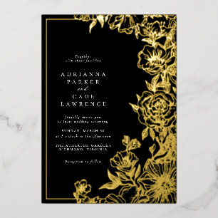 Invitation En Aluminium Fleurs noires et dorées Mariage formel et sombre