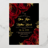 Invitation En Aluminium Fleurs noires et rouges Mariage à huile or (Recto)