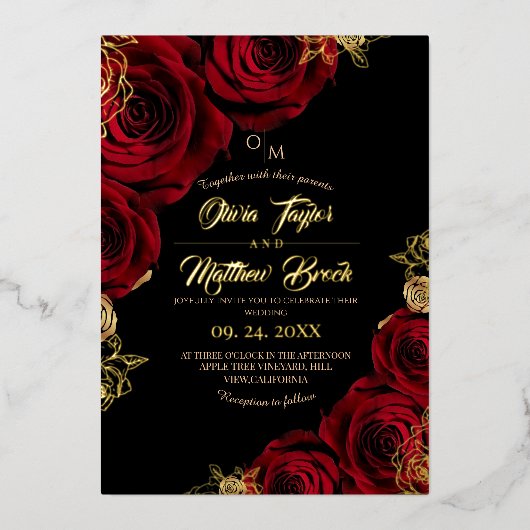 Invitation En Aluminium Fleurs noires et rouges Mariage à huile or (Recto)