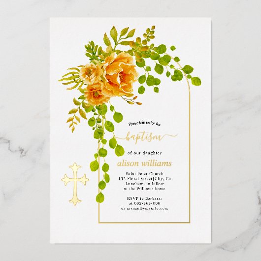 Invitation En Aluminium Fleurs orangées et arcs fleuris baptême or (Recto)