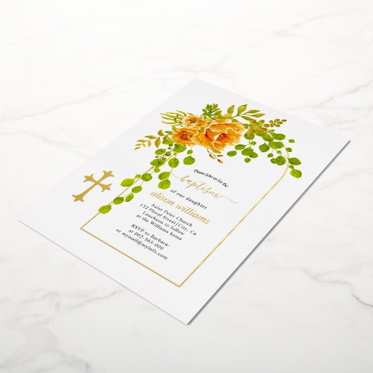 Invitation En Aluminium Fleurs orangées et arcs fleuris baptême or (Rotation)