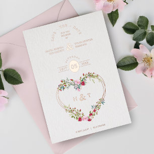 Invitation En Aluminium Fleurs romantiques de luxe rose rouge nuances cœur