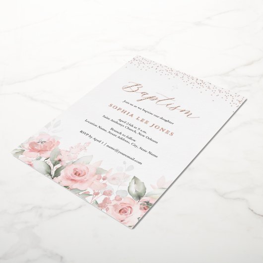 Invitation En Aluminium Fleurs rose poudré aquarelle baptême (Rotation)