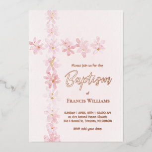 Invitation En Aluminium fleurs roses aquarelle croix Baptême